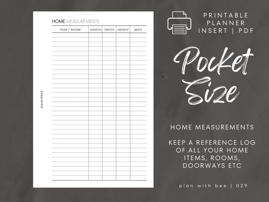029 Home Measurements Printable Planner Insert POCKET Plan With Bee Instant Download Etsy