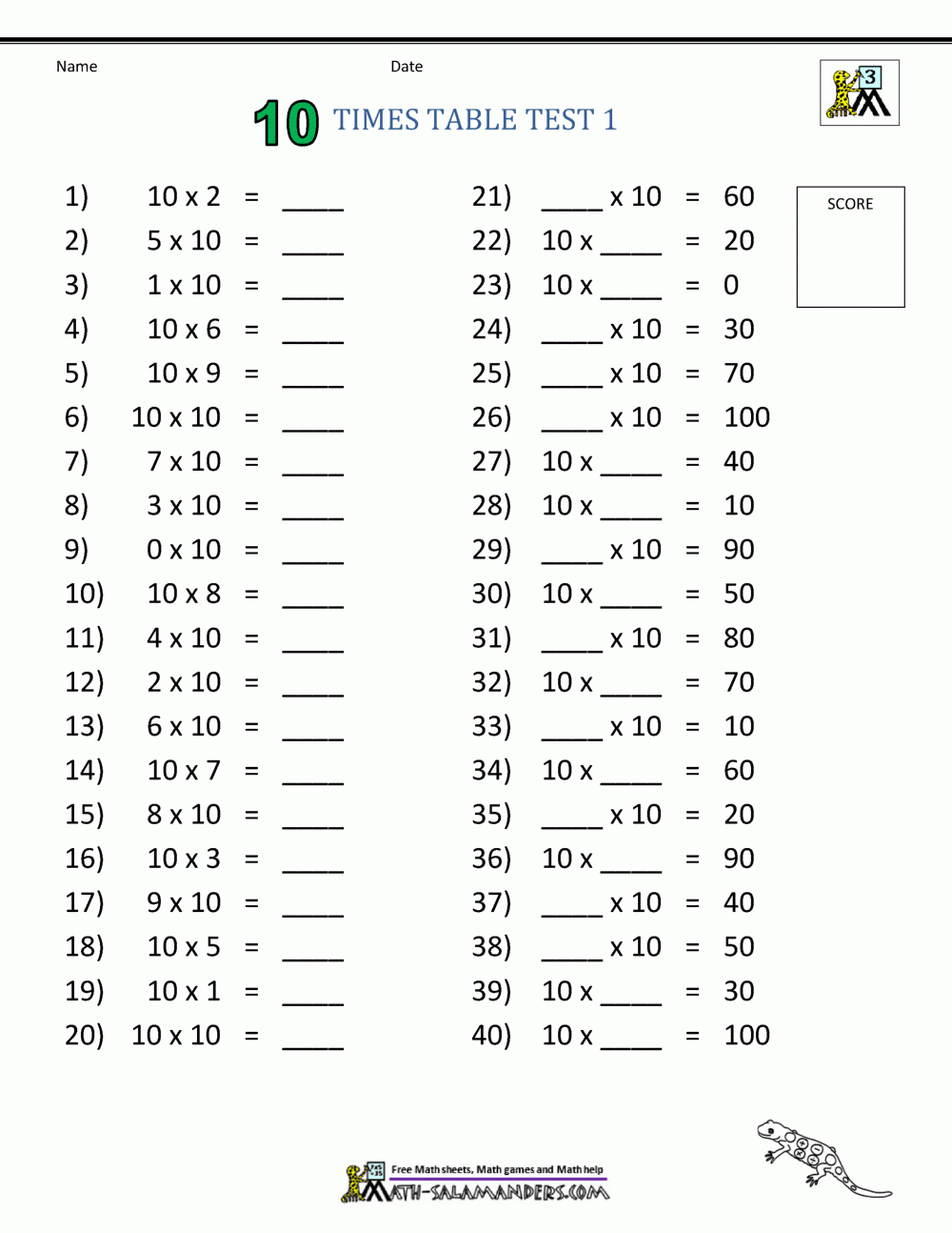 Times Table Quizzes Printable