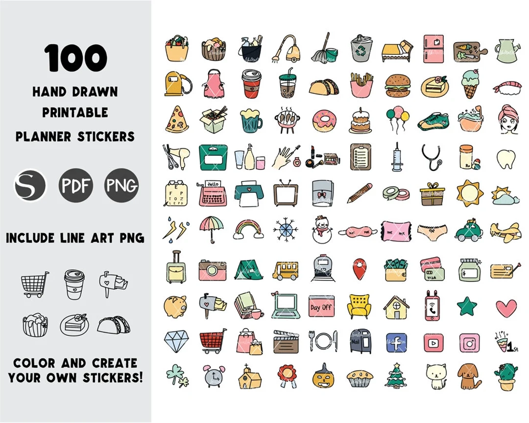 100 Printable Planner Stickers Digital Planner Stickers Stickers With Cut Files Printable Planner Icon Stickers Value Bundle Etsy