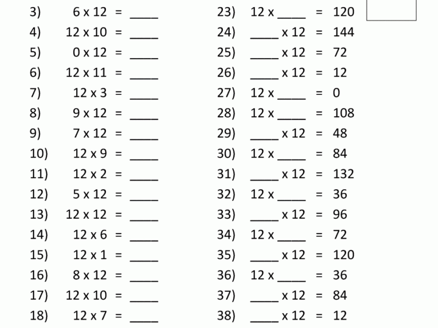 12 Times Tables Worksheets