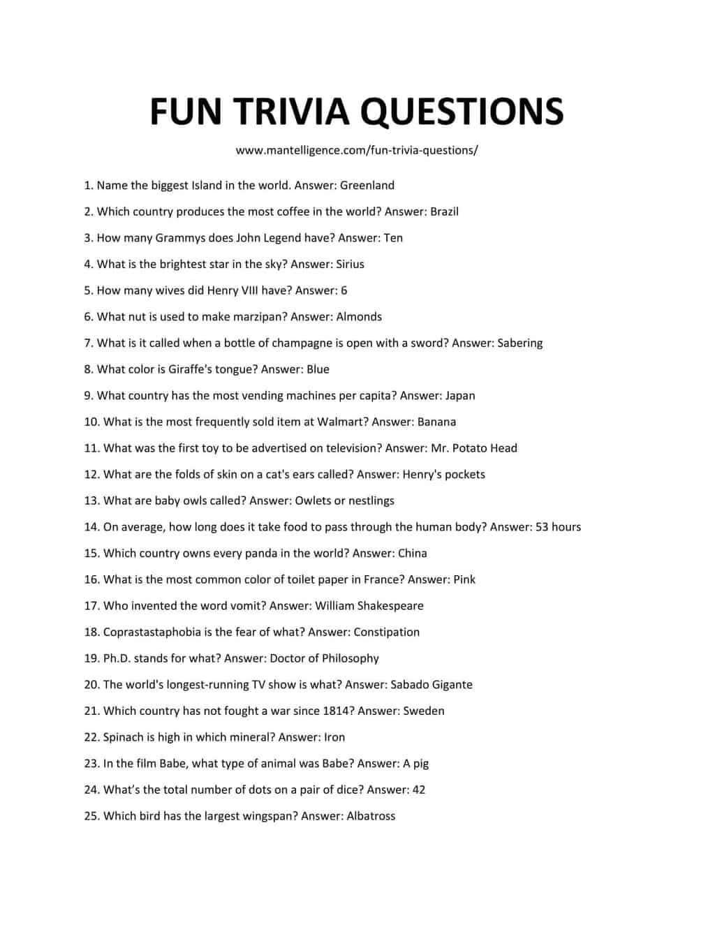 Printable Trivia Questions For Adults