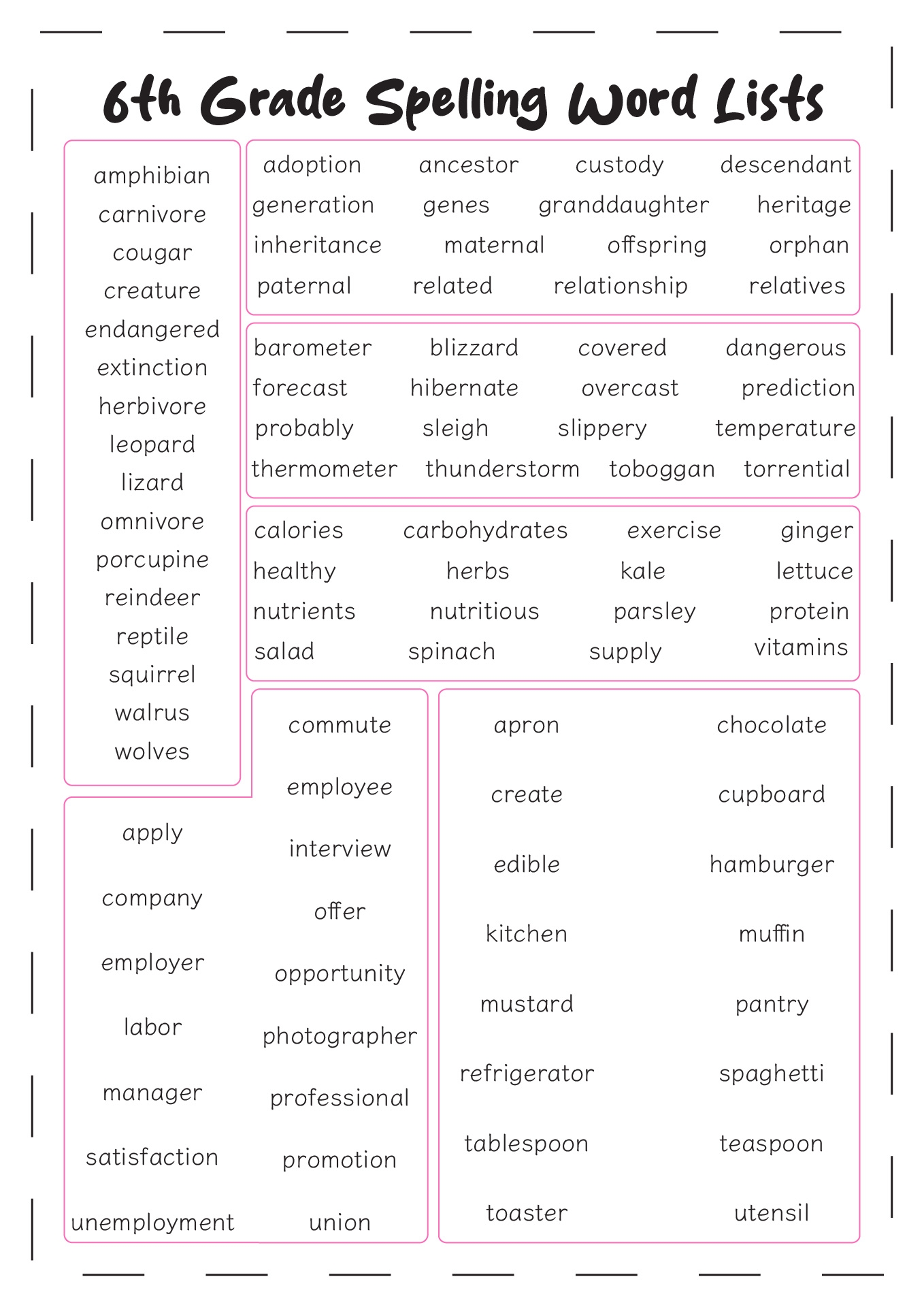 Spelling List For 6th Grade Printable