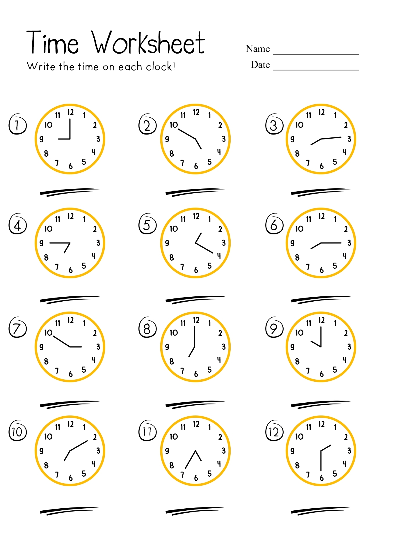 First Grade Clock Homework Sheet Printable