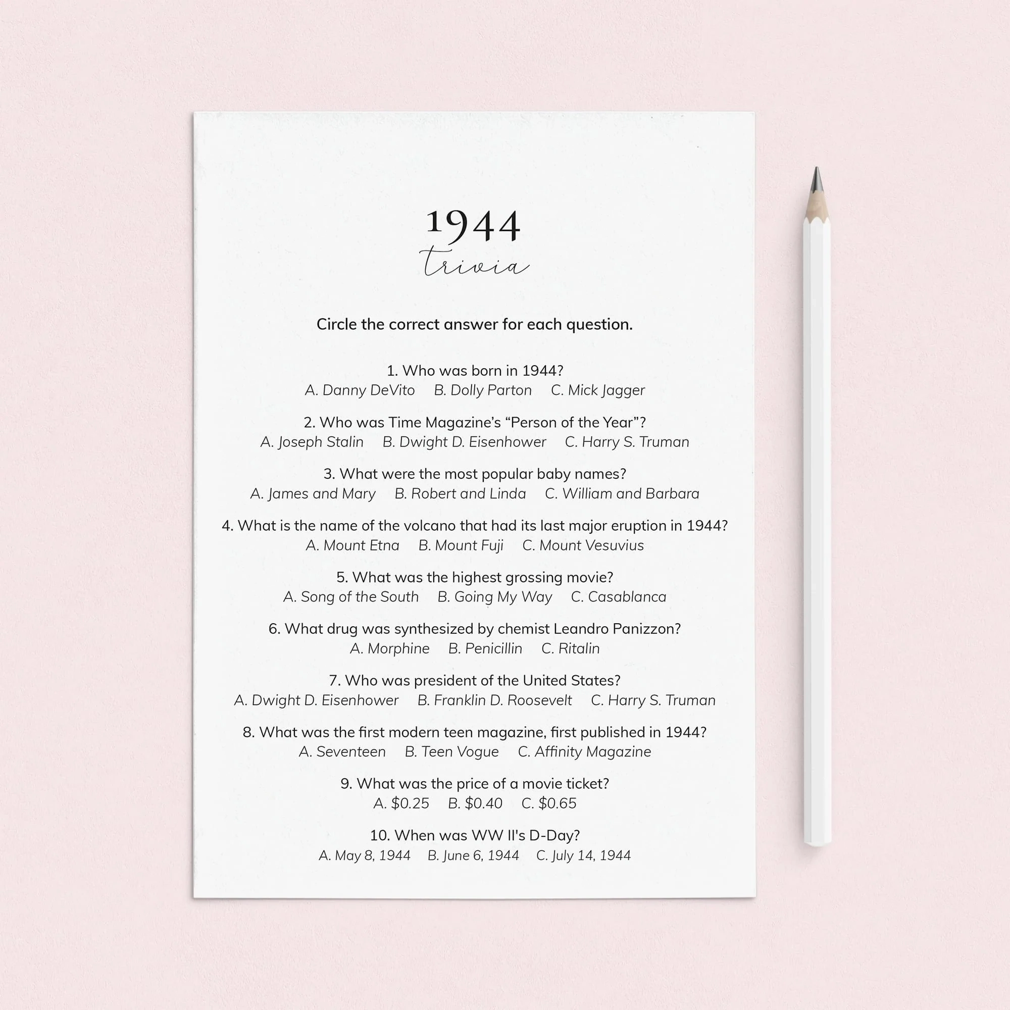 1944 Quiz And Answers Printable All About The Year 1944 Trivia LittleSizzle