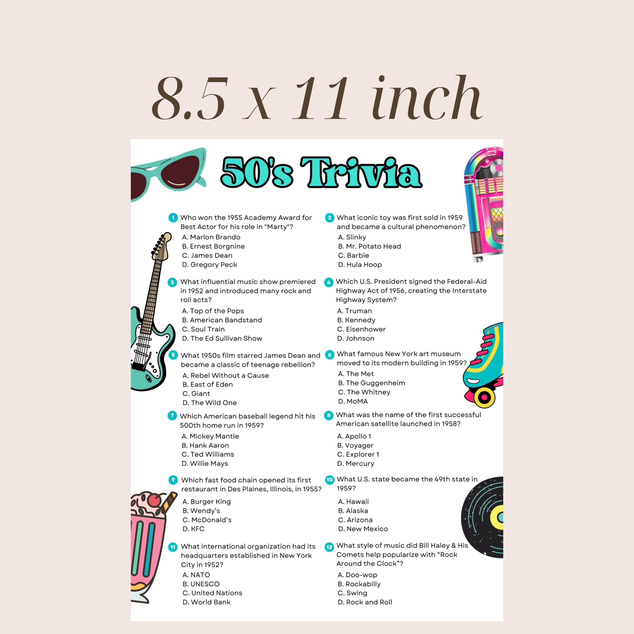 1950 s Trivia Game Printable Trivia Questions 1950s Themed Party Decades Trivia Family Game Night Party Games For Adults Birthday Idea Etsy