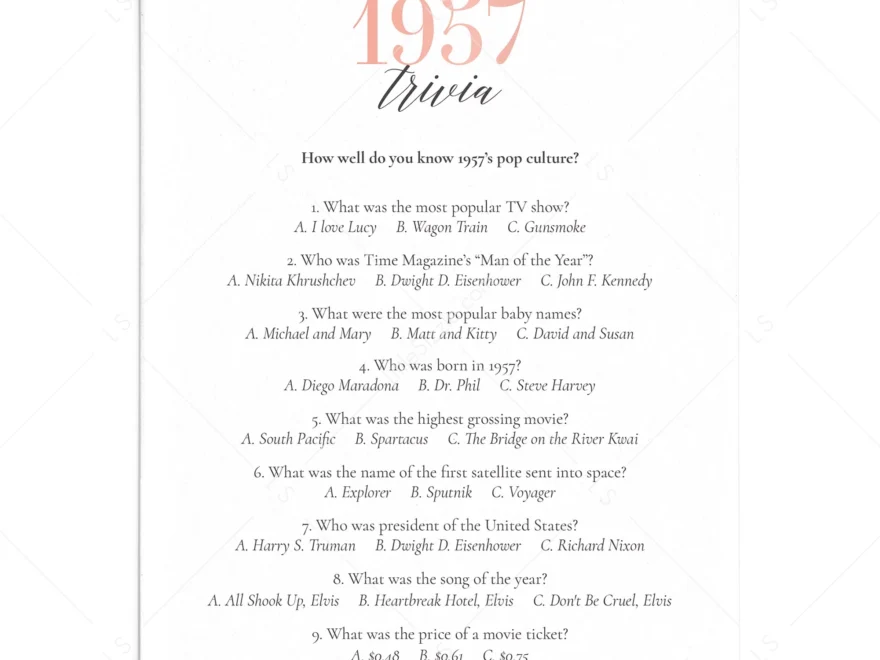 1957 Trivia Questions And Answers Printable Instant Download LittleSizzle