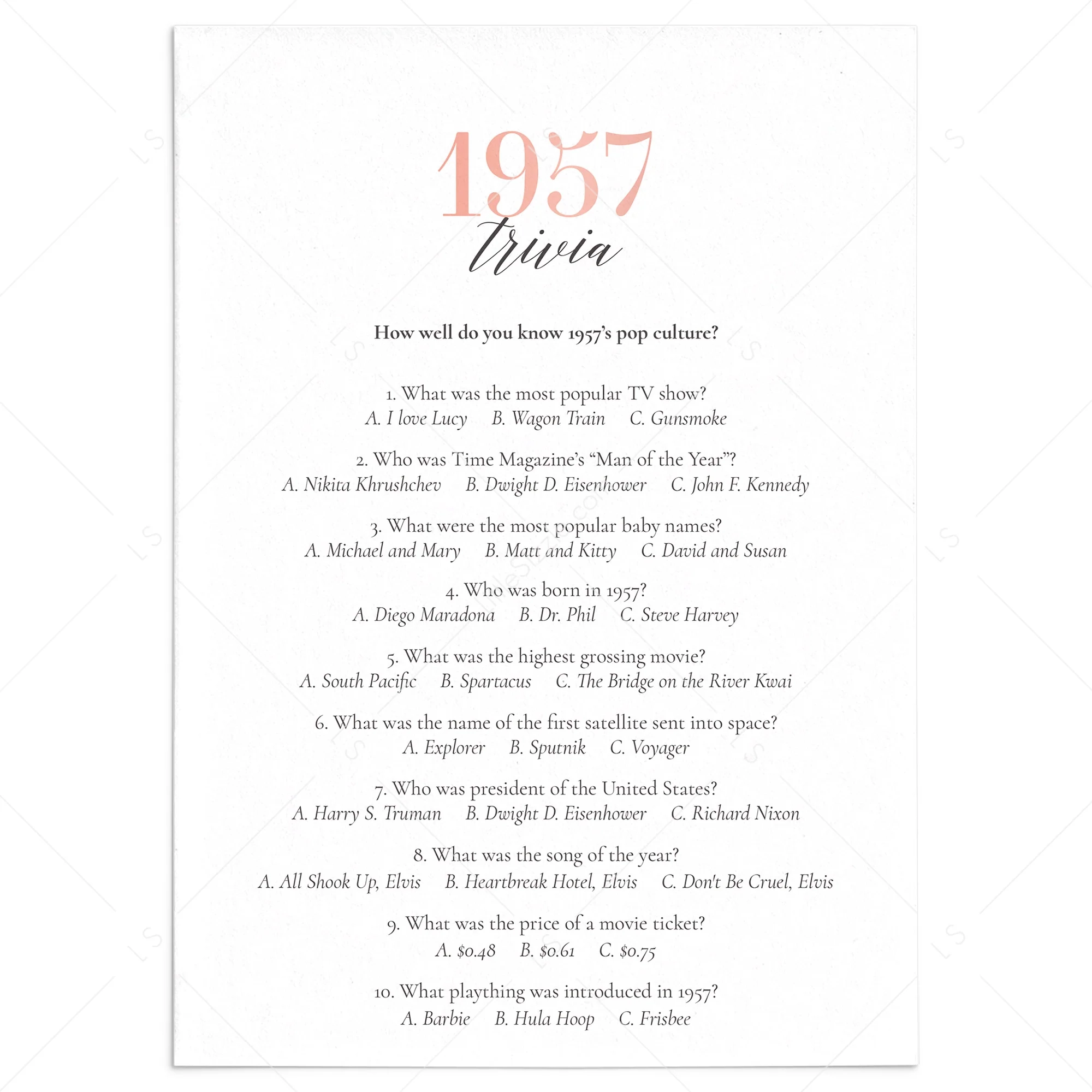 1957 Trivia Questions And Answers Printable Instant Download LittleSizzle