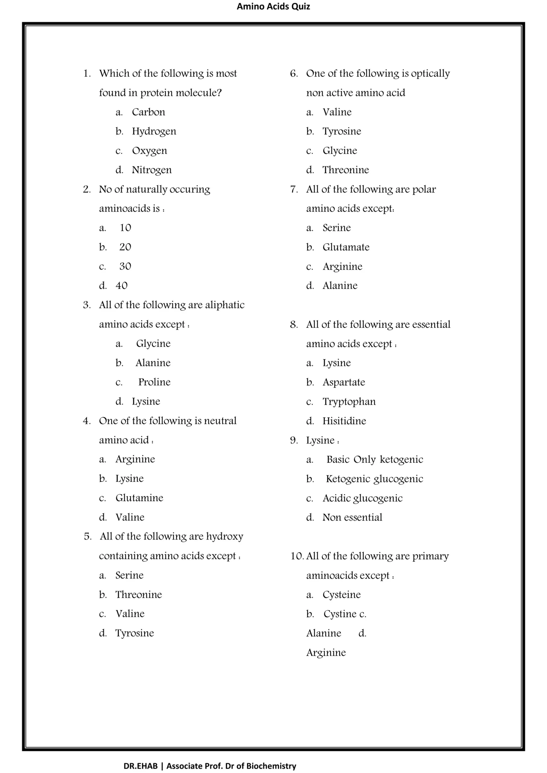 Amino Acid Printable Quiz