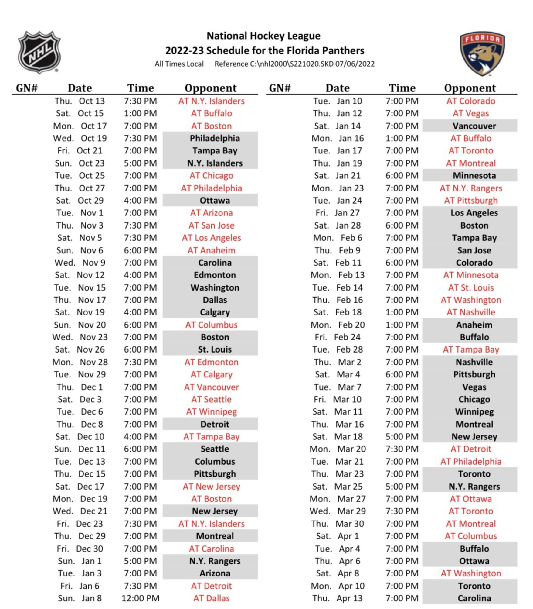 New York Islanders Printable Schedule