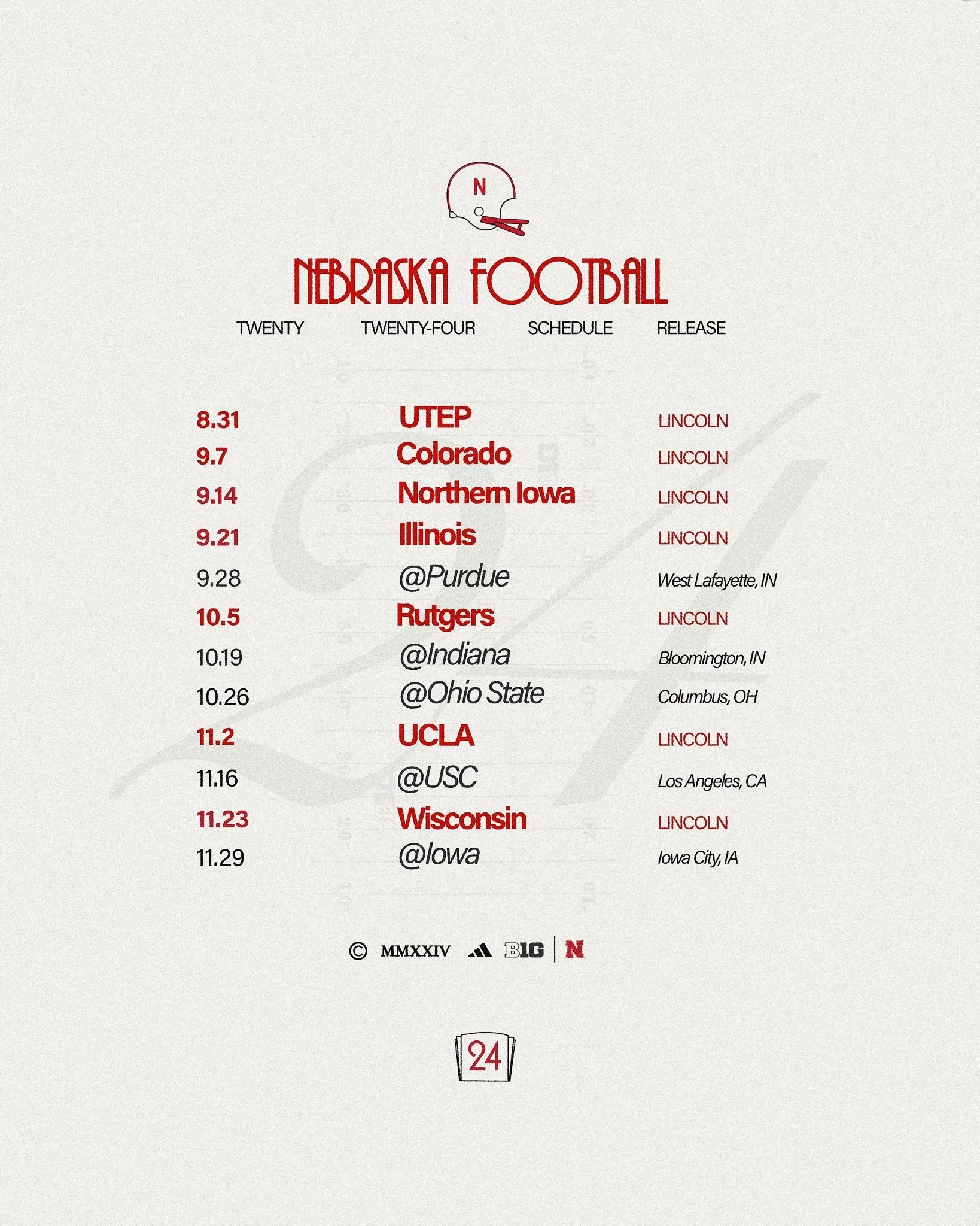 2026 Husker Football Printable Schedule
