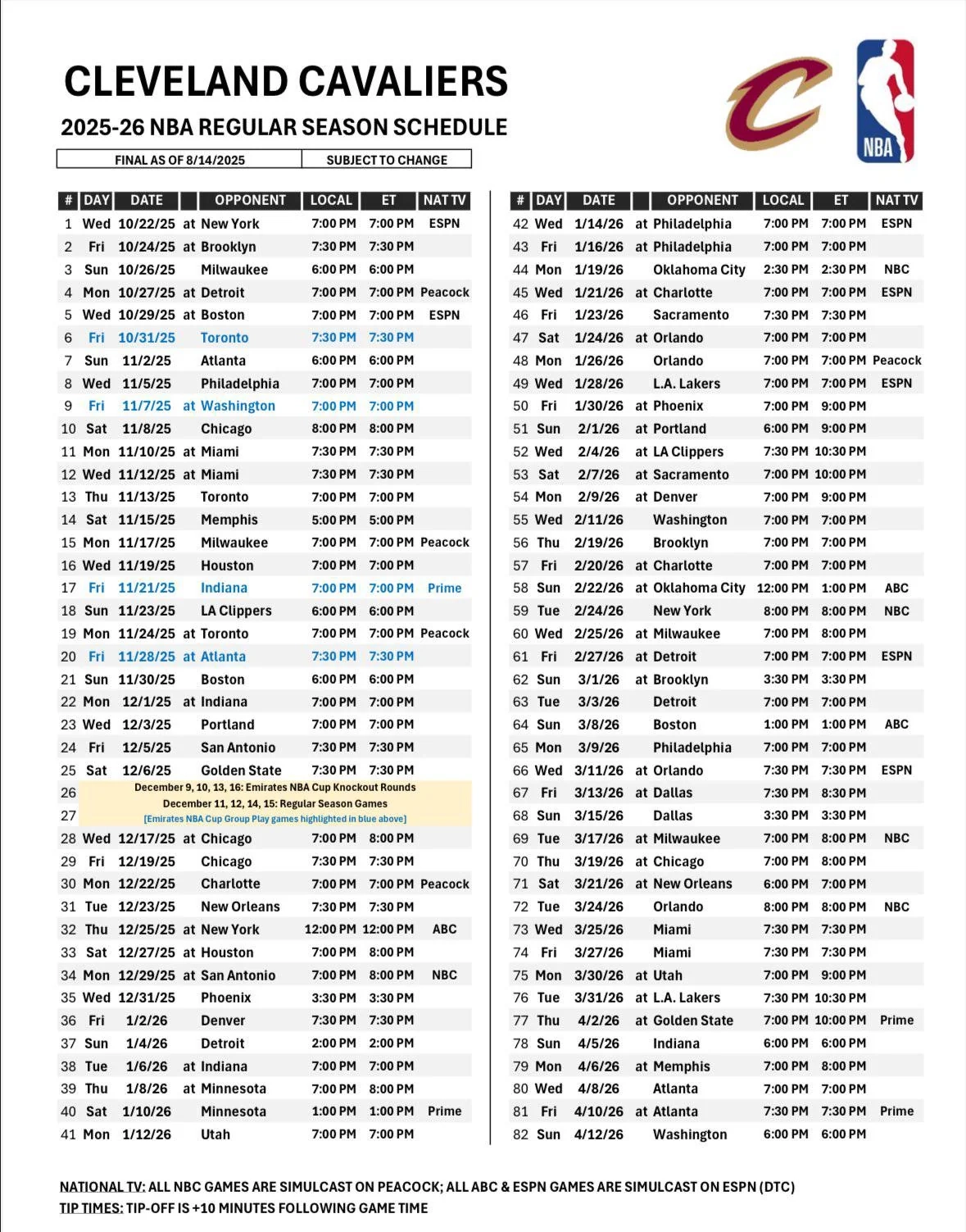 2025 2026 Cavs Schedule R clevelandcavs