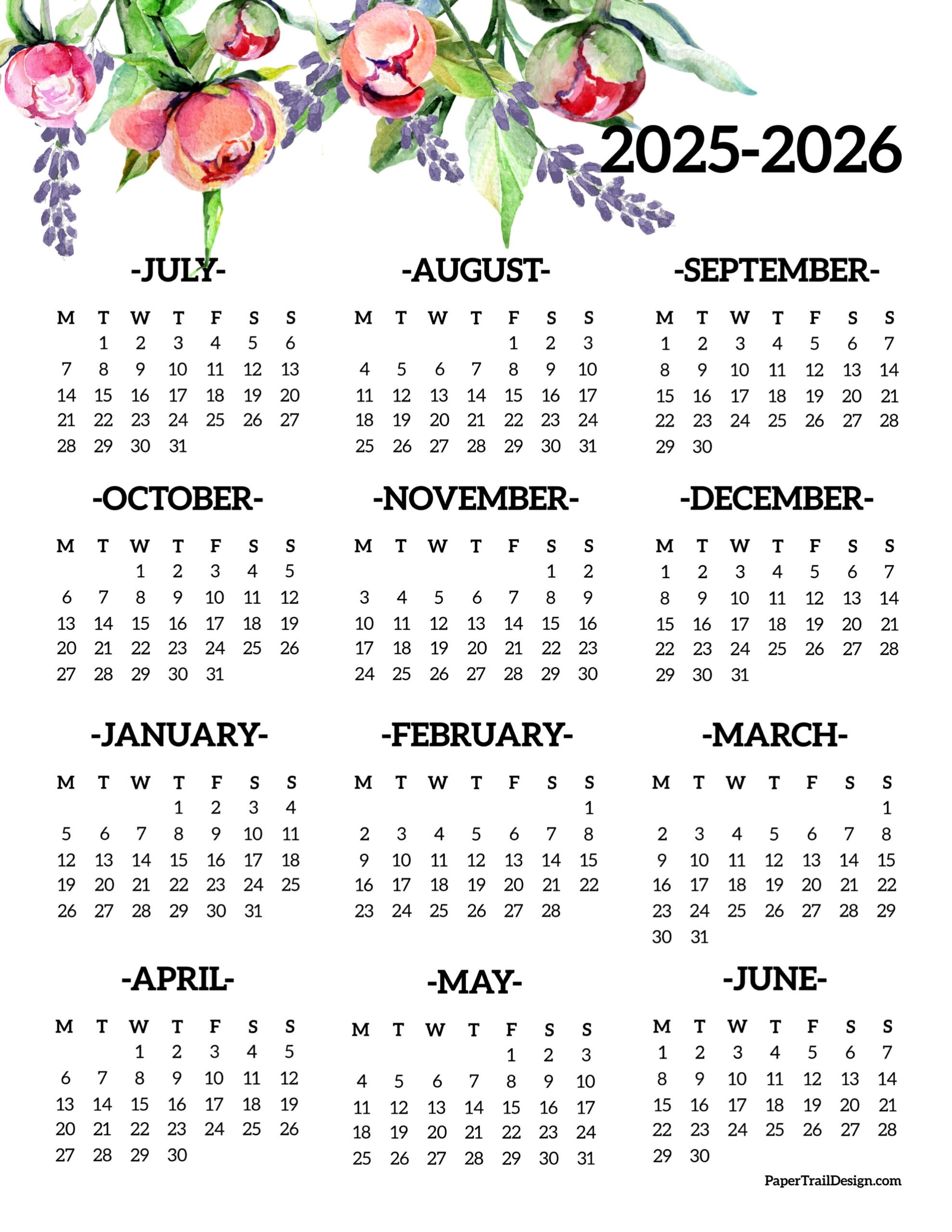 2025 2026 School Year Calendar Free Printable Paper Trail Design