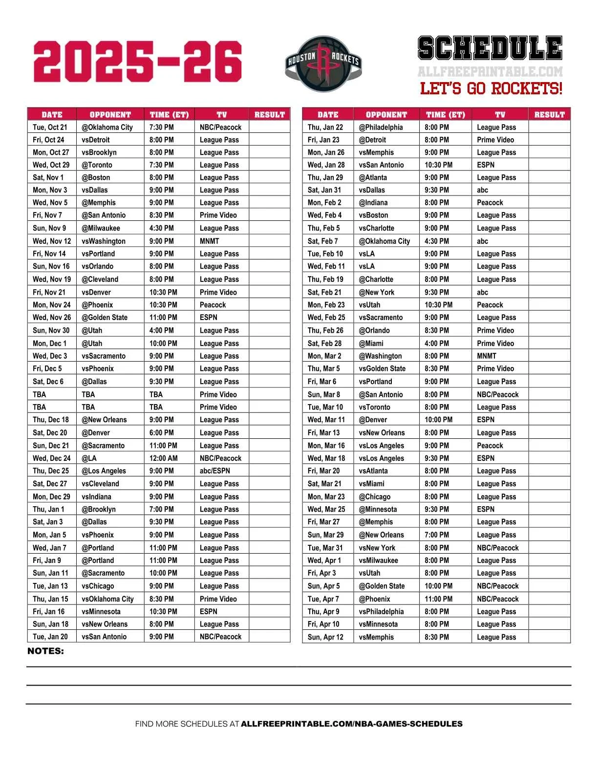 2025 26 Houston Rockets Schedule Free Printable