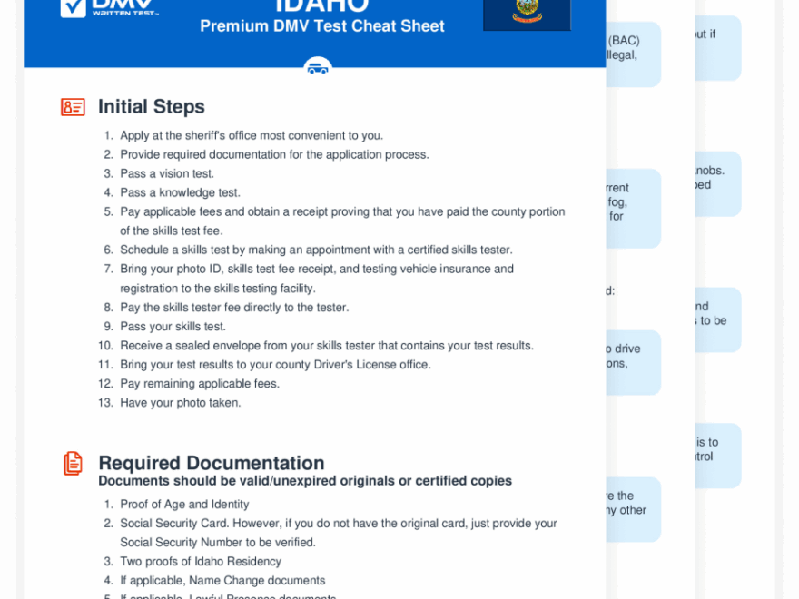 2025 Idaho DMV Permit Test Cheat Sheet 99 Pass Rate