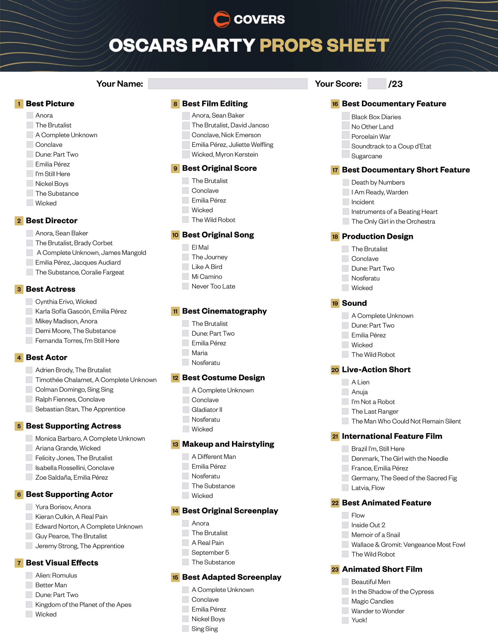 Oscar 2026 Nominations List Printable Ballot