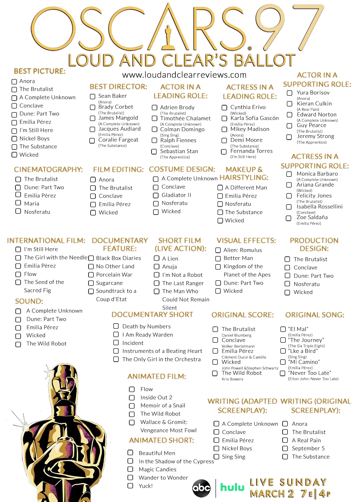 Oscars Printable List Nominations