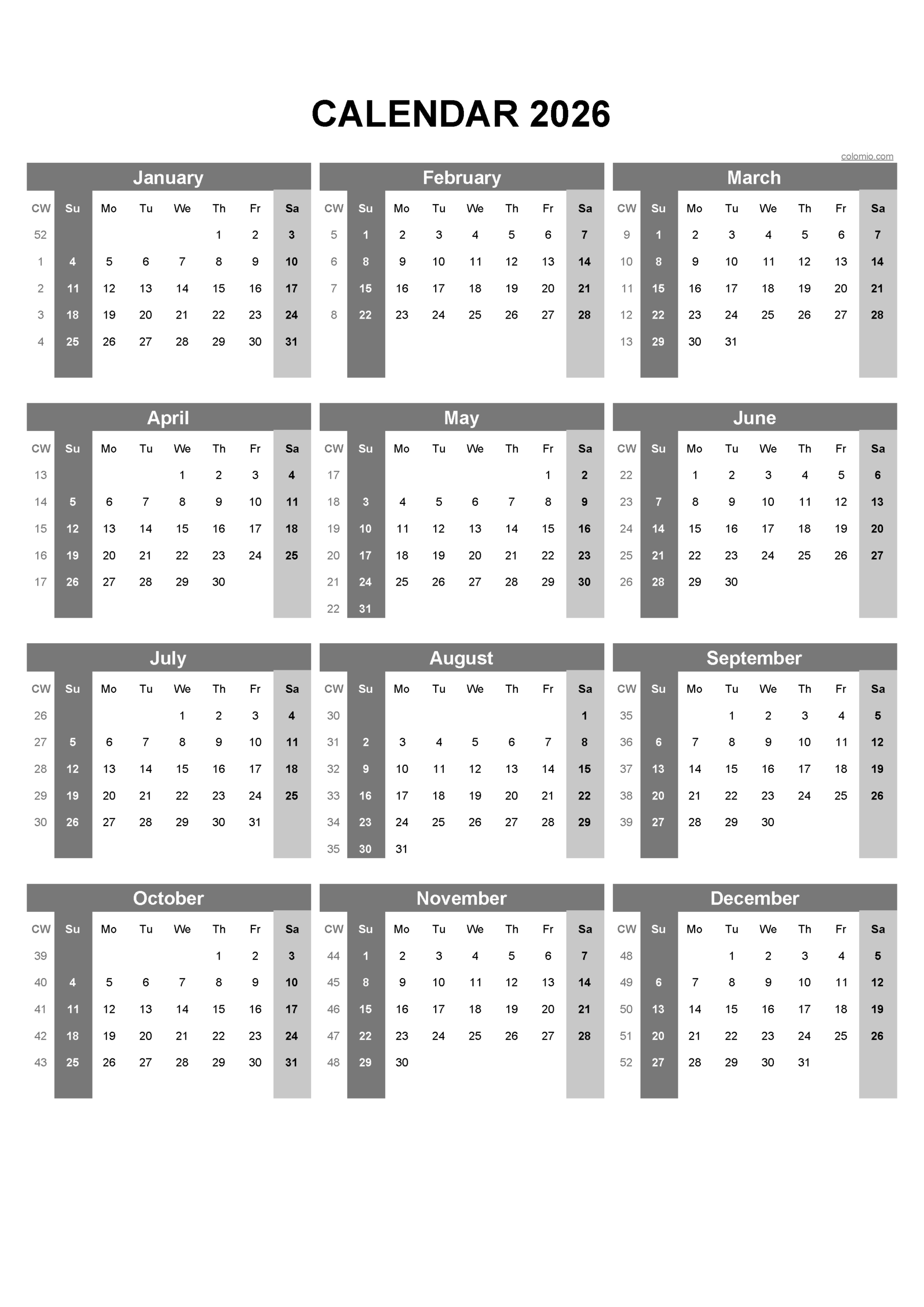 2026 Calendar Printable PDF Excel And Image File Free Download Easy To Print Annual Calendars
