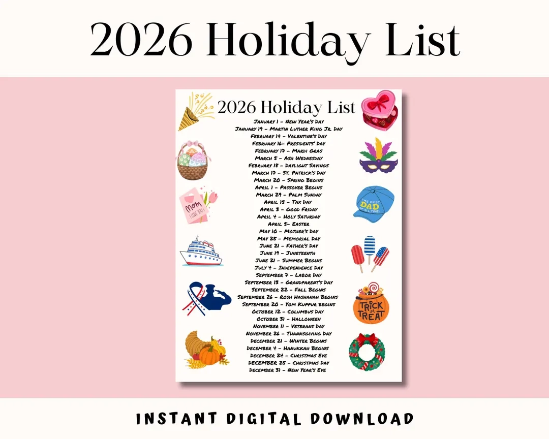 2026 Holiday List Printable One page Calendar PDF Download Etsy