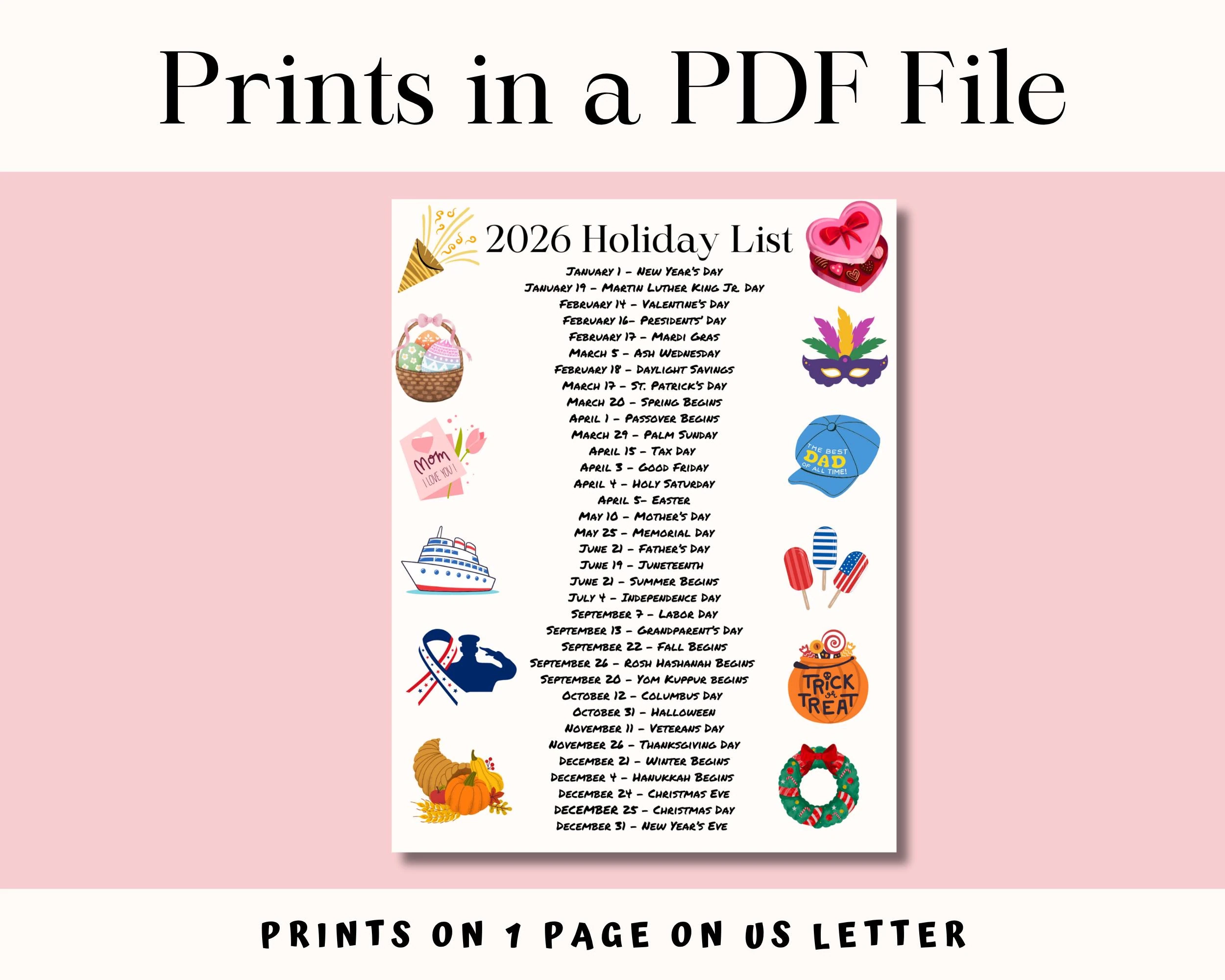 2026 Holiday List Printable One page Calendar PDF Download Etsy