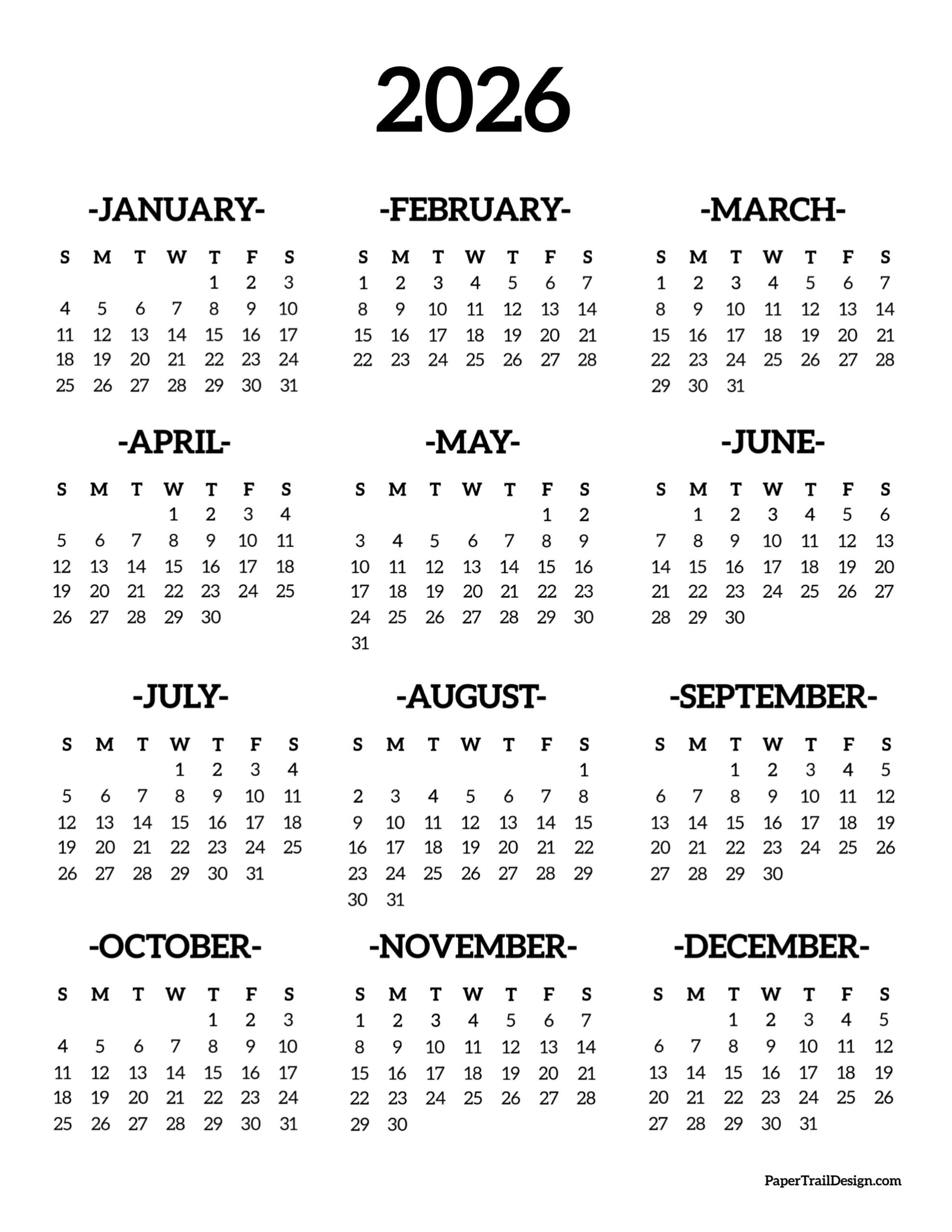 Free Printable Calendar Sheets 2026