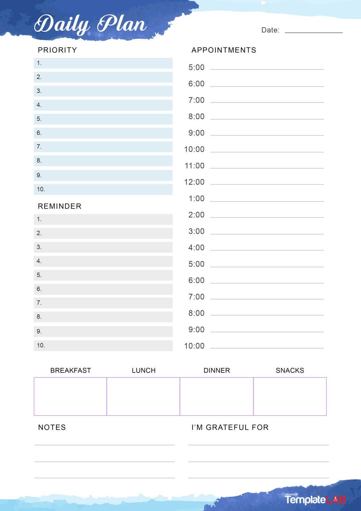 Printable Early Times Daily Planner Template