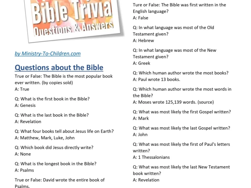 301 Bible Trivia Questions Answers free Download Sunday School Store