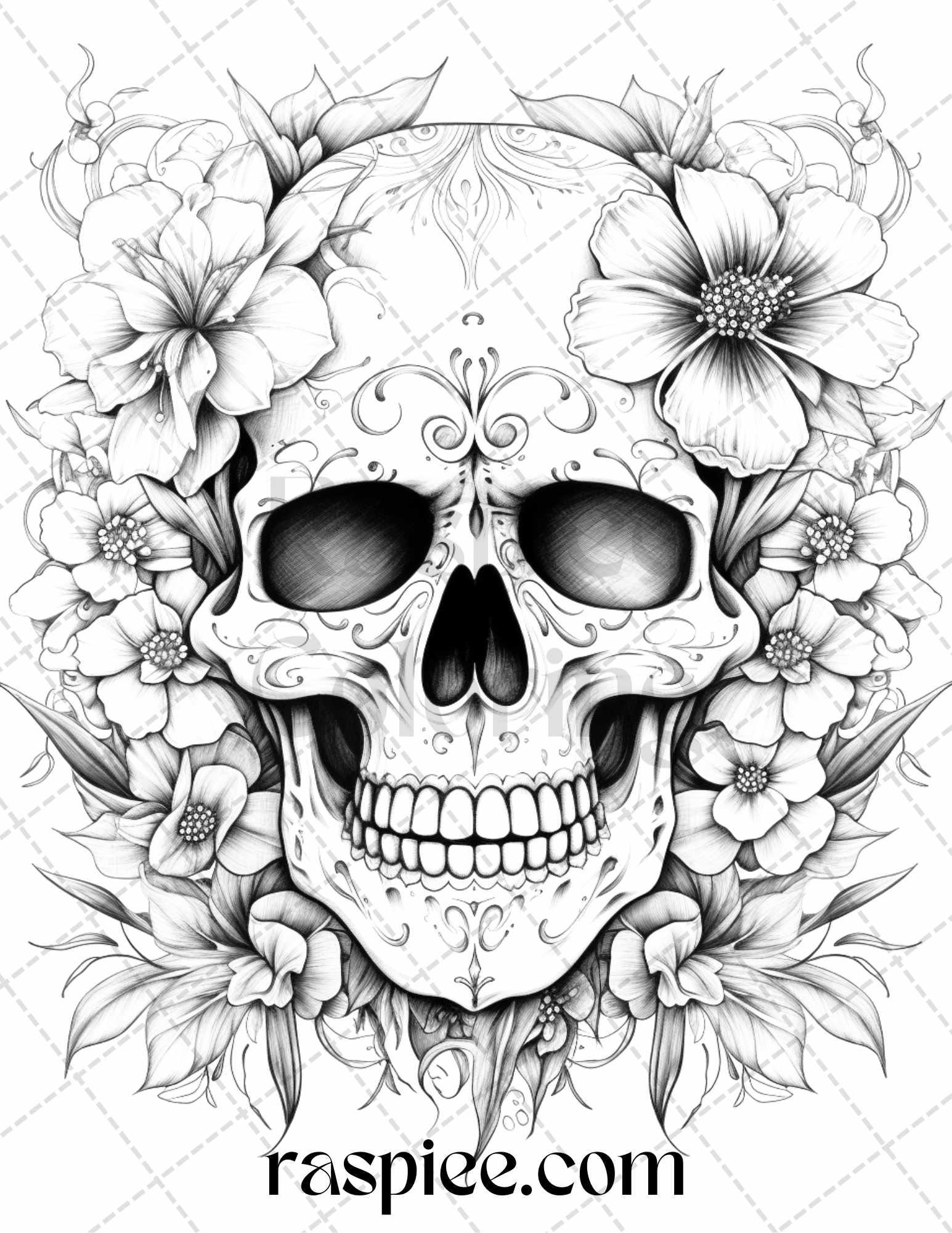 42 Floral Skull Grayscale Coloring Pages For Adults Stress Relief Col RASPIEE