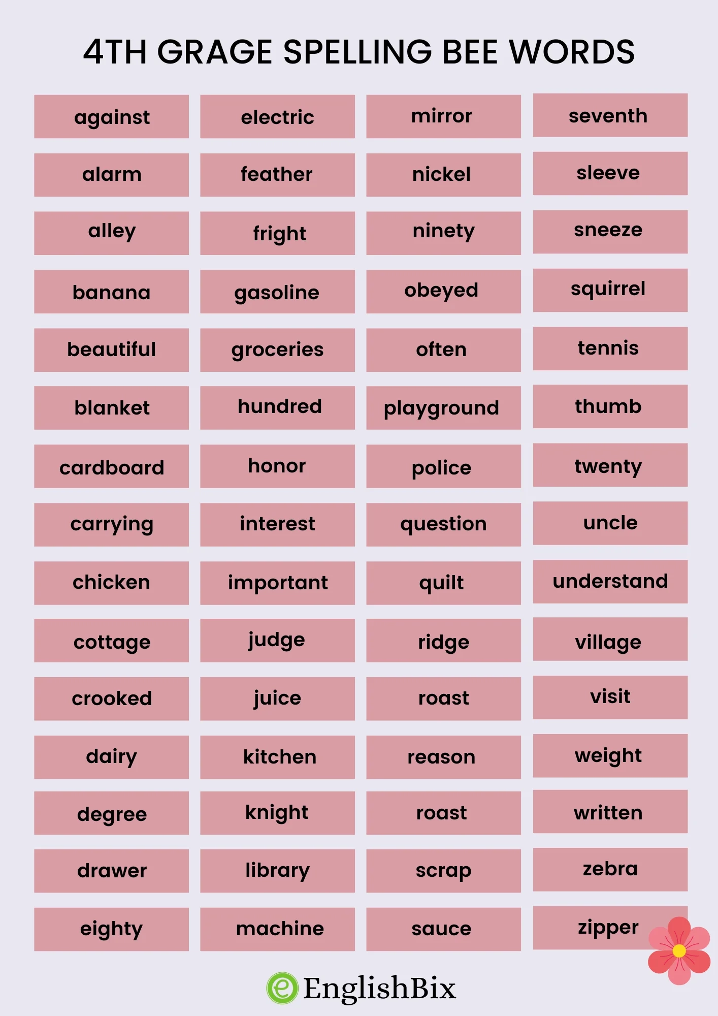 Printable 4th Grade Spelling List