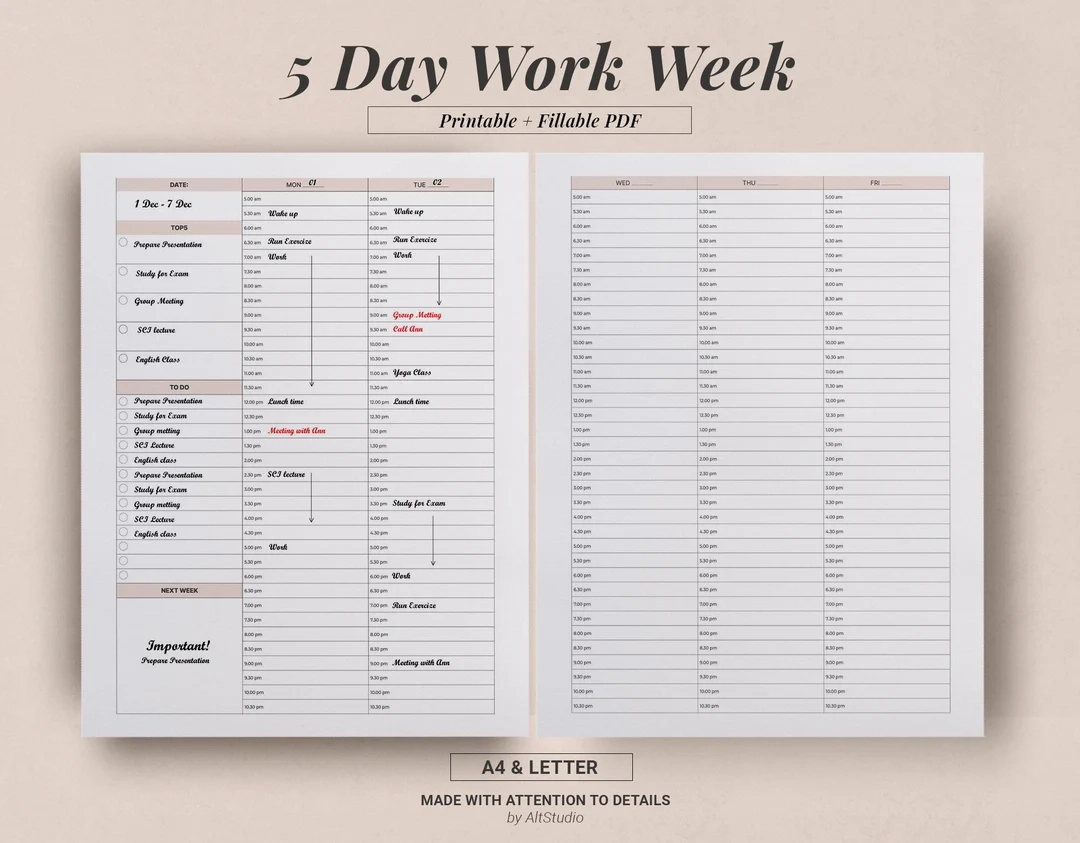 5 Day Hourly Planner Printable