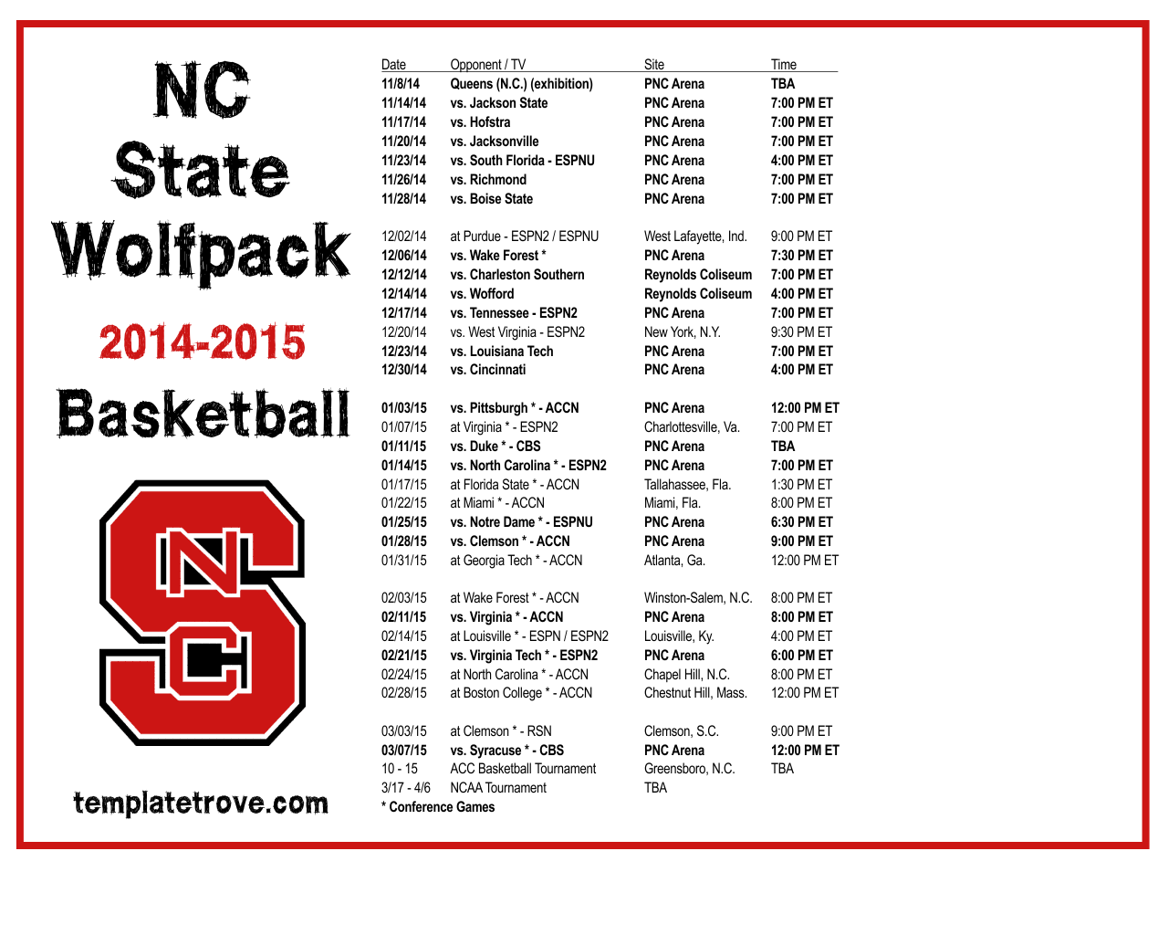 Nc State Basketball Roster Printable Schedule