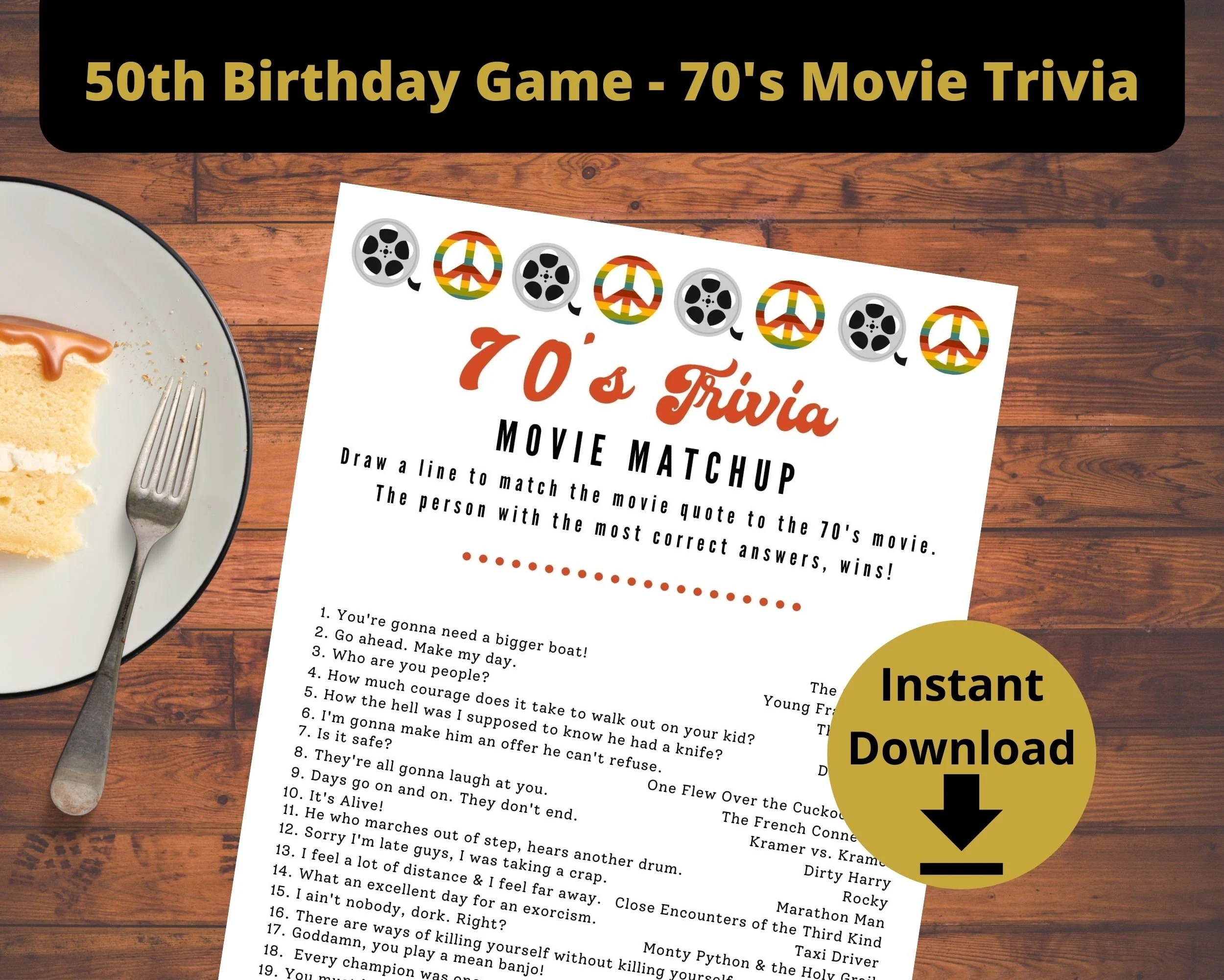 50th Birthday Party Game 70 s Movie Quotes Trivia Game Movie Trivia Games From 1970 s Etsy