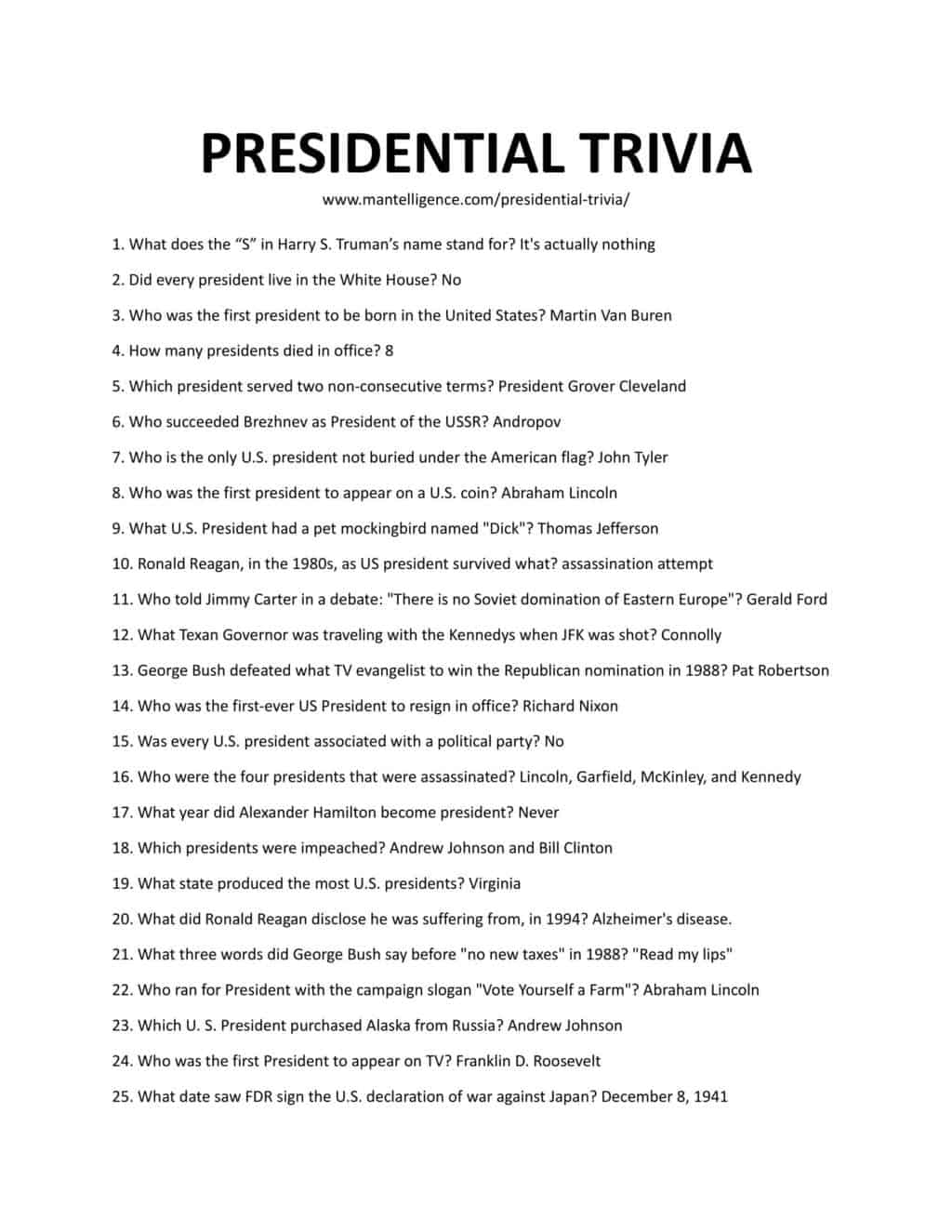 52 Presidential Trivia Questions Answers Easy Hard Funny Mantelligence