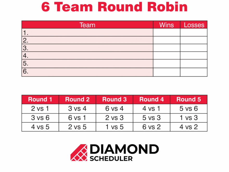 6 Team Round Robin Tournament Printable Diamond Scheduler