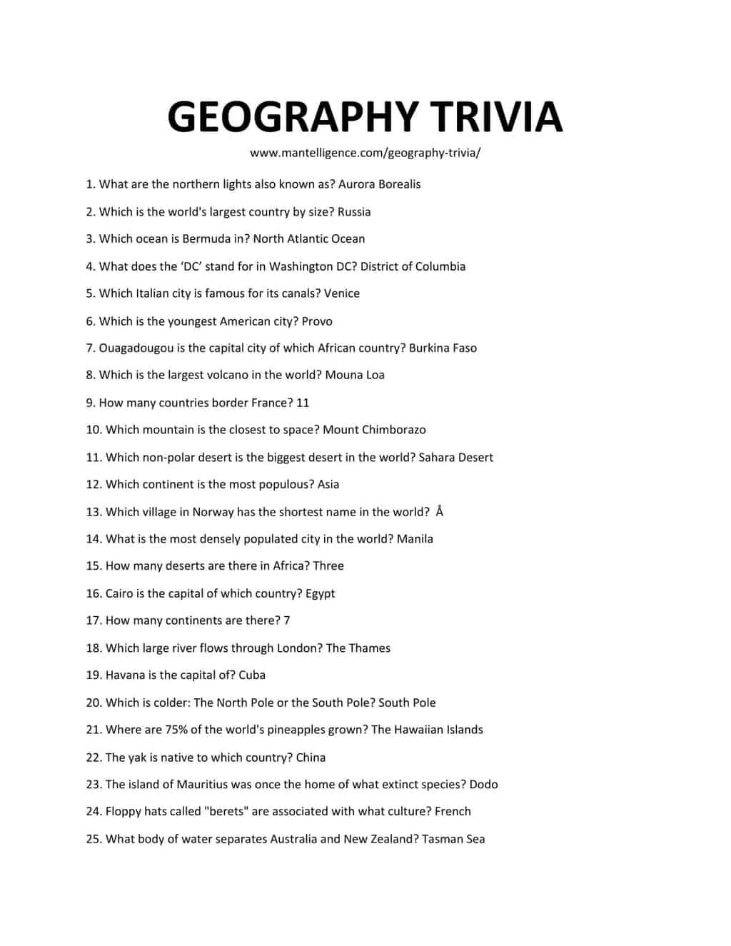 69 Geography Trivia Questions Answers Easy To Hard Mantelligence