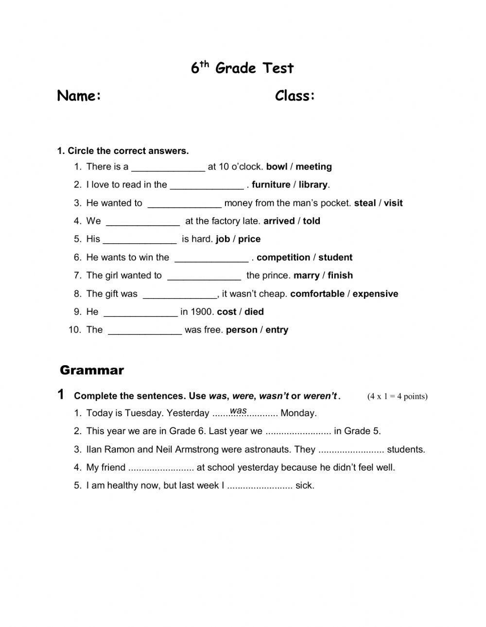 6th Grade Test Worksheet Live Worksheets Worksheets Library