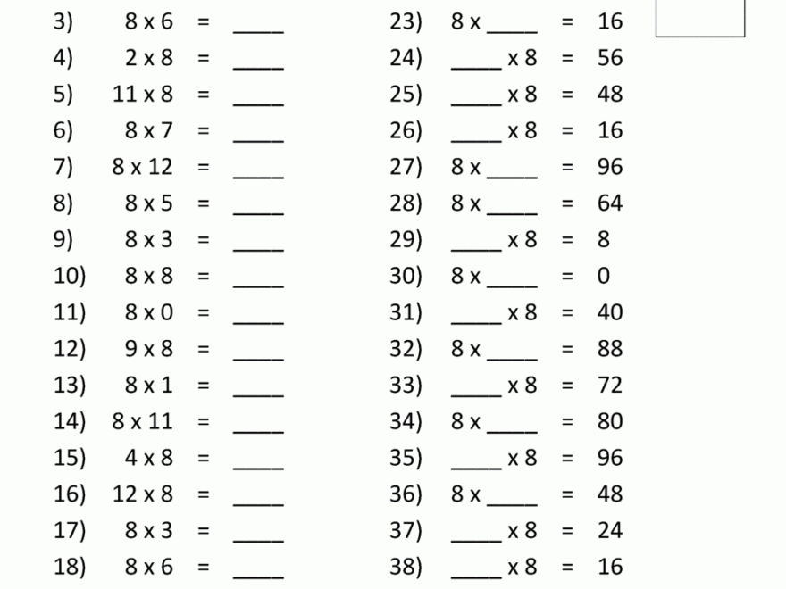 8 Times Table Worksheet Page