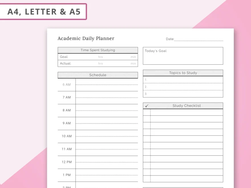 Academic Daily Planner Study Planner Daily Planner Template Undated Daily Planner Printable Study Insert Printable Student Printable Etsy