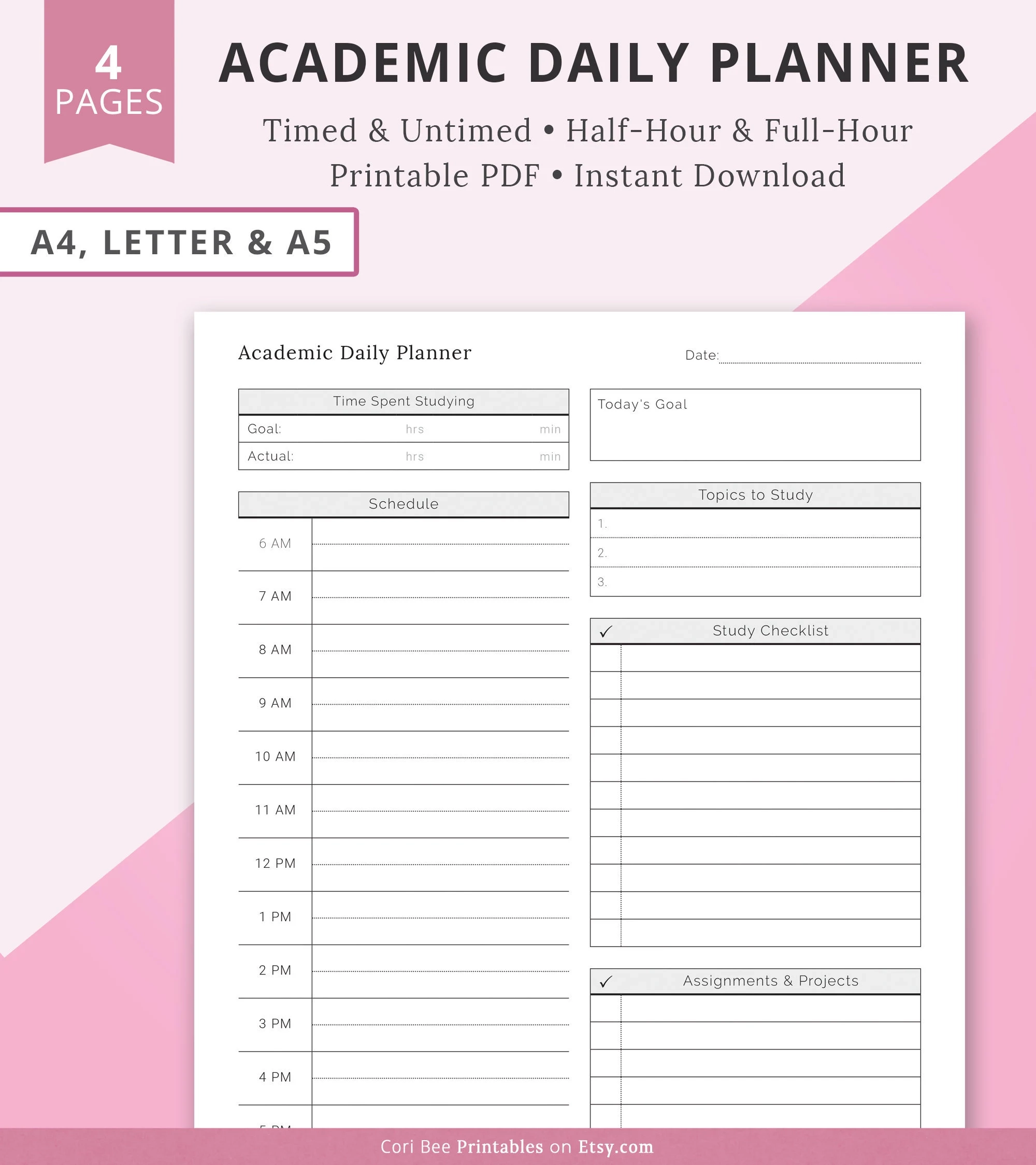 Academic Daily Planner Study Planner Daily Planner Template Undated Daily Planner Printable Study Insert Printable Student Printable Etsy