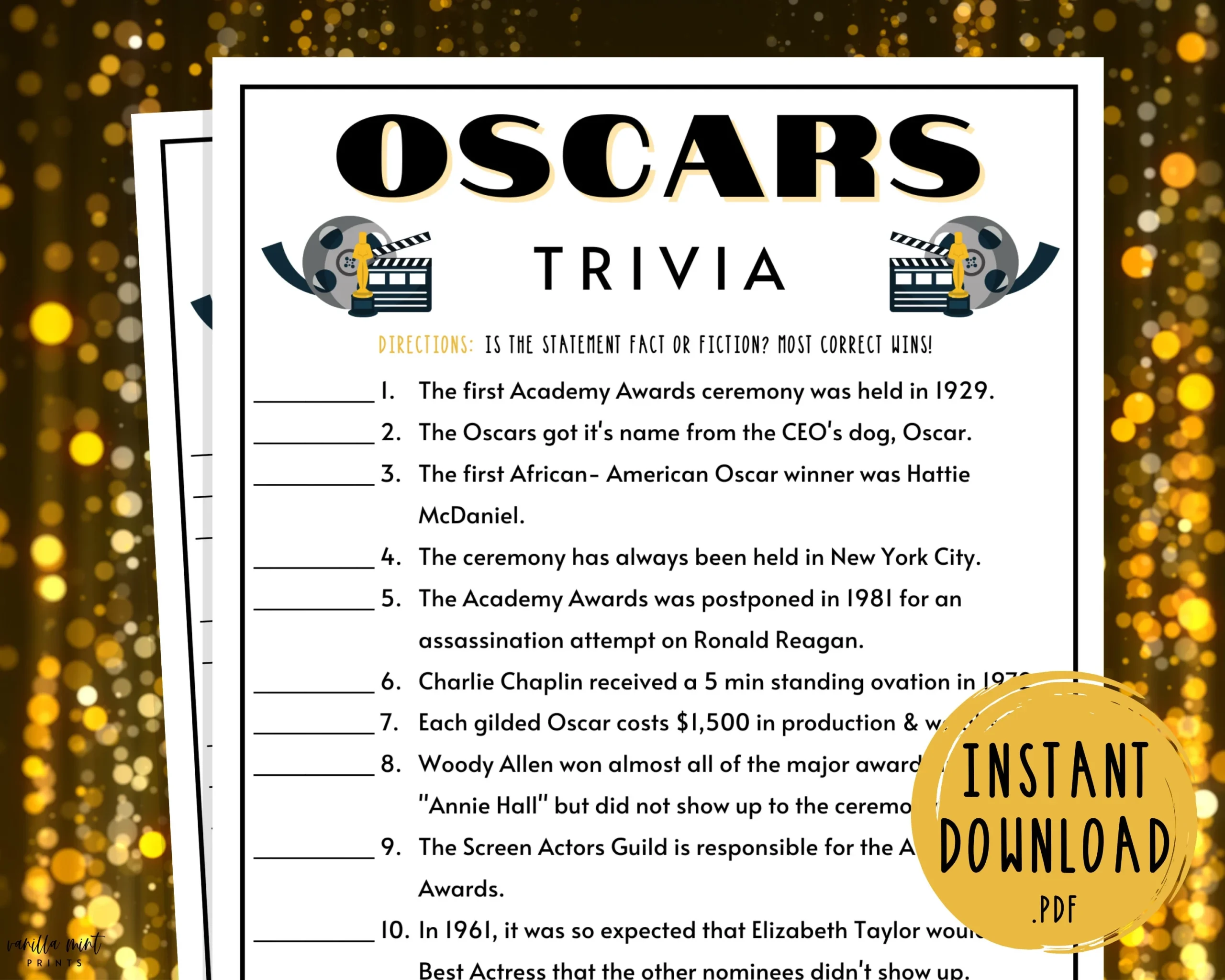 Academy Awards Printable Etsy