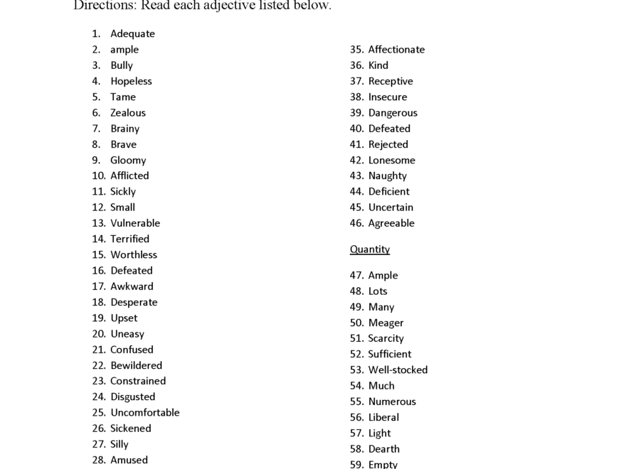 Adjectives List Worksheets Printable Regular Adjective Reference