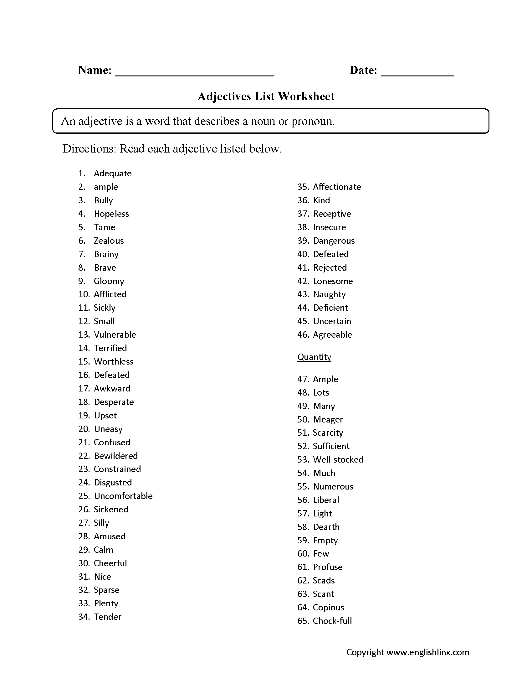Adjectives List Worksheets Printable Regular Adjective Reference