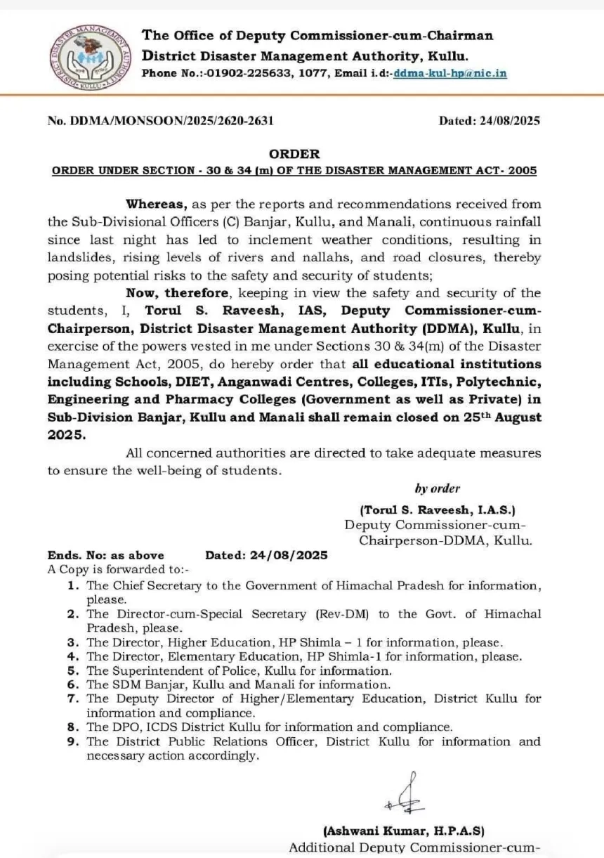All Educational Institutions To Remain Closed In Kullu Breaking News Flash News Crazynewsindia