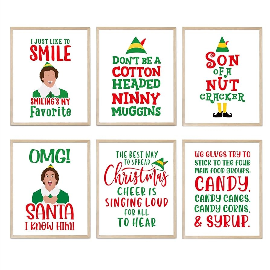 Amazon Buddy The Elf Christmas Decorations Funny Elf Posters For Holiday Home Wall Decor Set Of 6 Holiday Art Prints For Bedroom Bathroom Decor Party Supplies 8x10 Inch Unframed Posters Prints