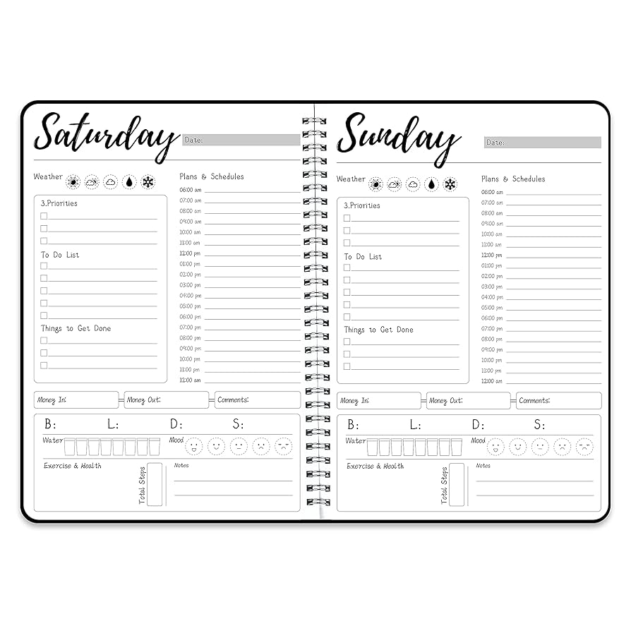 Amazon Work Planner Daily Weekly Spiral Planner With Hourly Schedules To Do List Tasks Expense Tracker Undated 7 Days Planner Start Anytime Self Care Calendar For Organizing Meals Water Take in 