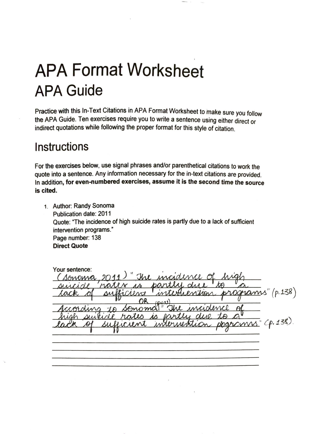 APA Format Worksheet Ten Exercises Require You To Write A Worksheets Library