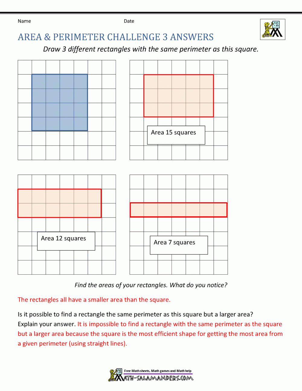 Finding Area Quiz Printable