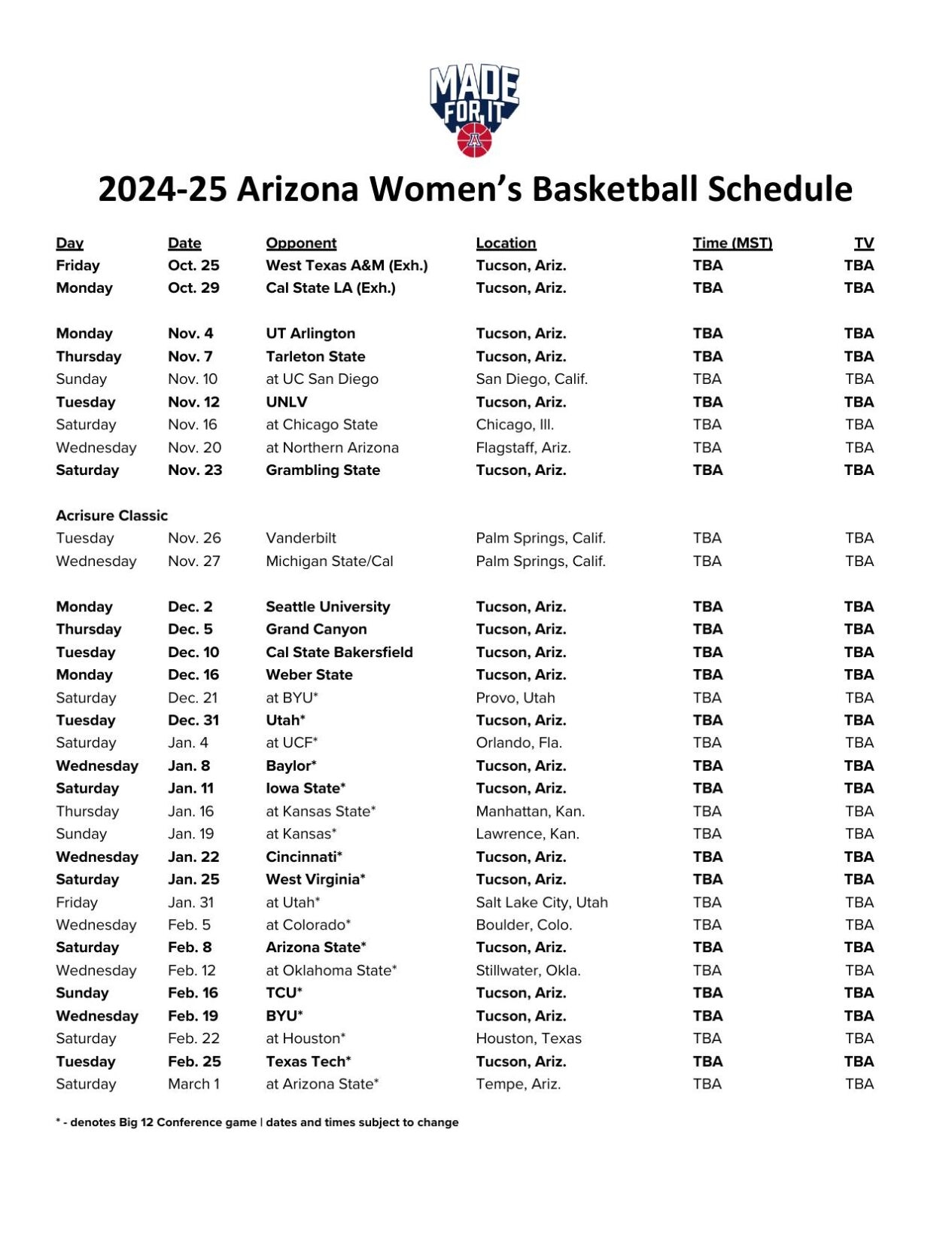 Arizona Basketball Releases 2024 Men And Women s Schedule News Kvoa