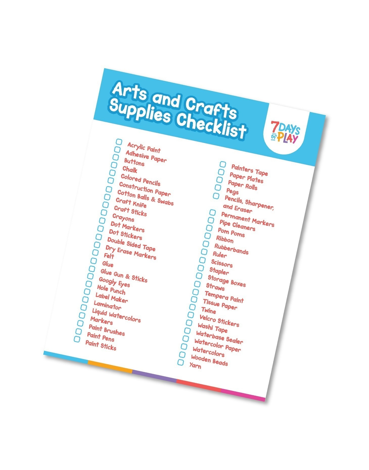 Art And Craft Supply Checklist Printable 7 Days Of Play