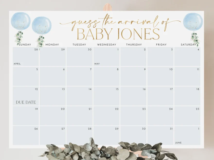 Baby Shower Due Date Calendar Boy Blue Baby Birth Date Sign Guess The Arrival Date Sign Due Date Sign Editable Printable Baby Shower Etsy