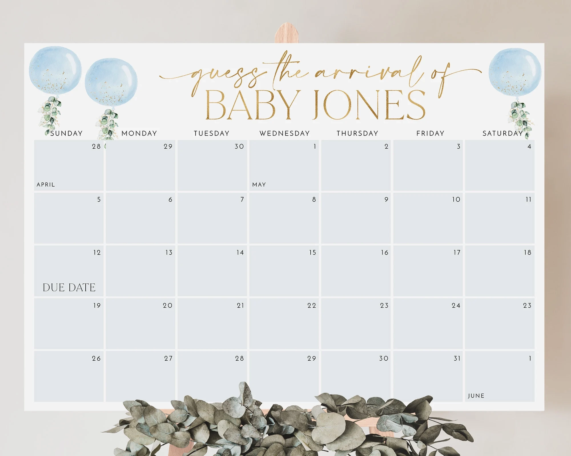 Baby Shower Due Date Calendar Boy Blue Baby Birth Date Sign Guess The Arrival Date Sign Due Date Sign Editable Printable Baby Shower Etsy